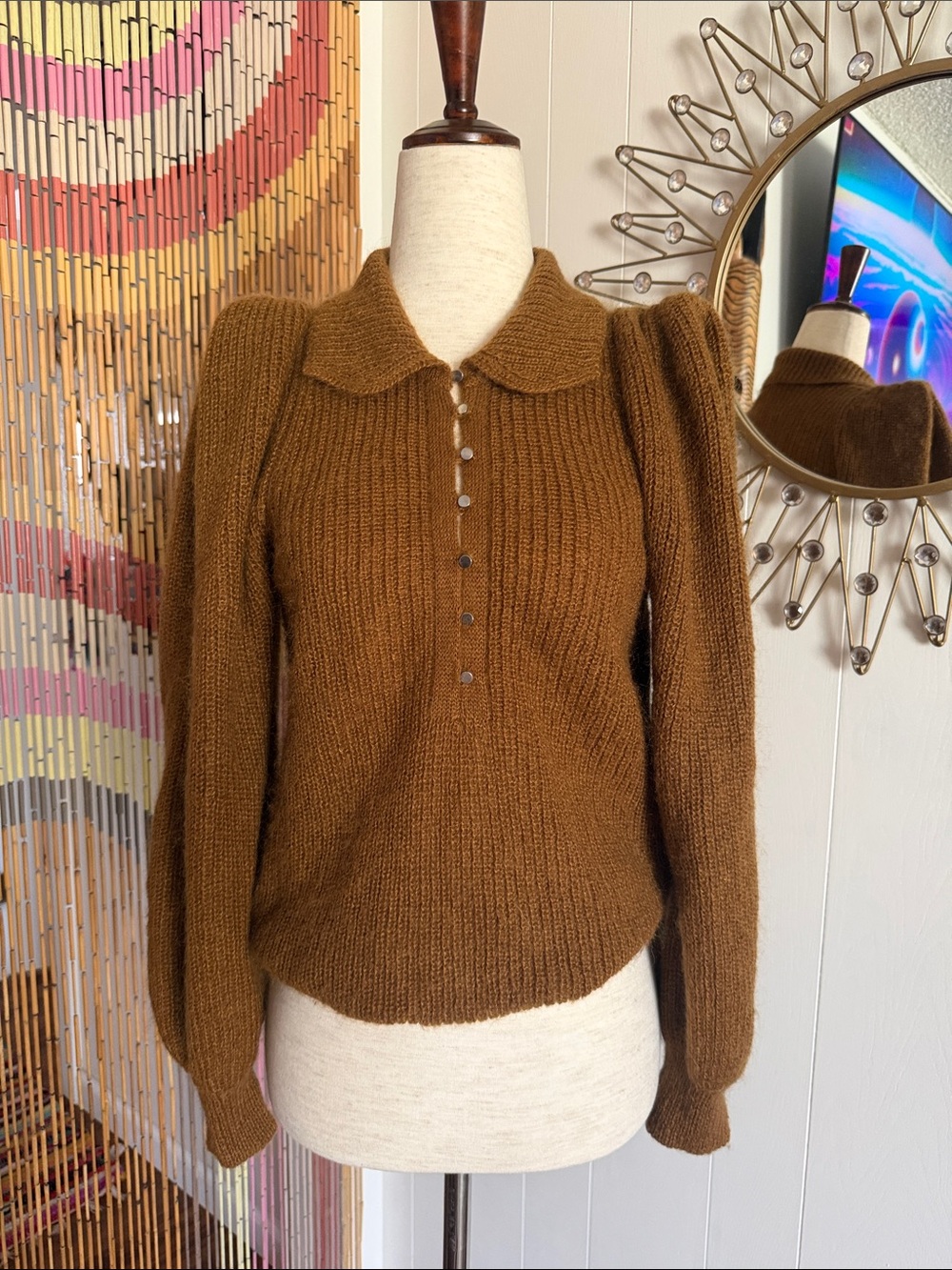 ba&sh Brown Puff-Sleeve Polo Sweater